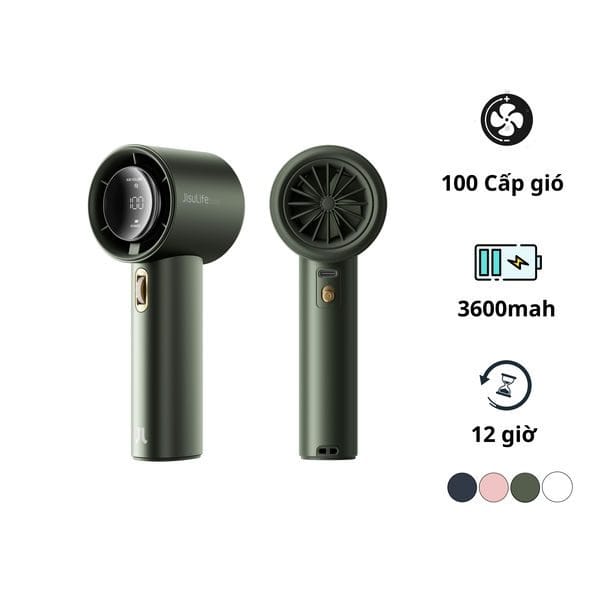 Quạt mini tích điện cầm tay có lồng nhựa bảo vệ Jisulife FA53-ABS PRO 1, màu xanh lá-like new