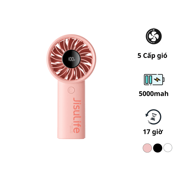 Quạt mini tích điện cầm tay có lồng nhựa bảo vệ Jisulife Life 4, 5000mAh màu hồng-like new