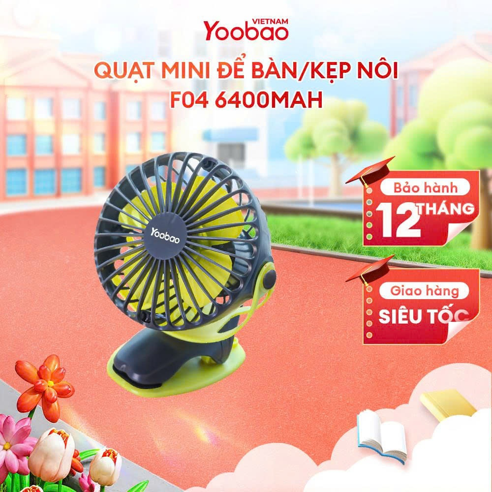 Quạt Tích Điện Mini Yoobao F04 6400mAh – Pin Lớn, Kẹp Đa Năng, thời gian 32 Giờ