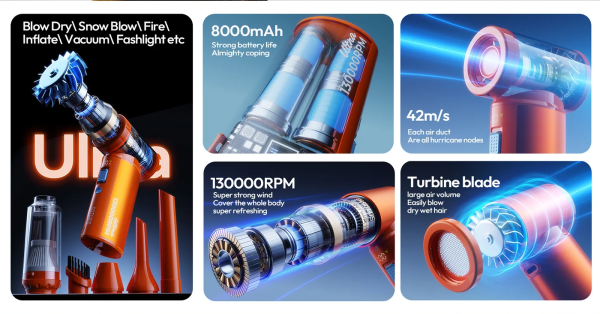 Motor 130.000 vòng/phút — Gió mạnh tối đa 17 m/s