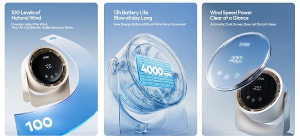 Quạt để bàn Sothing Air 10 4000mAh 10W 22 Pin 4000mAh — Dùng liên tục đến 13 giờ, không cần cắm điện