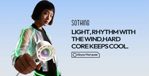 Quạt cầm tay Sothing Abyss Colorful Light màu trắng, đèn LED lỗ đen, kèm dây đeo tay