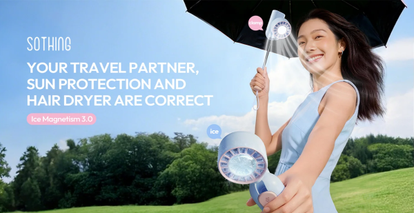 Quạt cầm tay tích hợp dù Sothing Umbrella Fan 26 Quạt cầm tay Sothing Umbrella Fan màu xanh pastel, kèm dù che nắng, sò lạnh làm mát